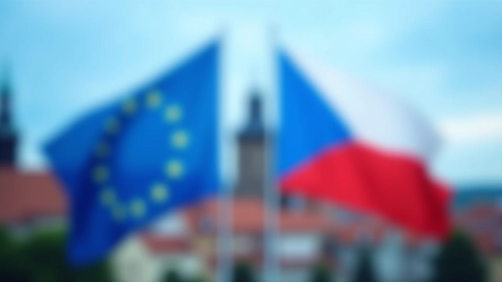 Česká vlajka a vlajka Evropské unie s Pragou v pozadí