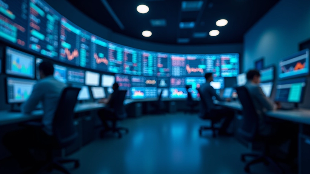 Moderní finanční centrum s grafy ekonomických ukazatelů na obrazovkách